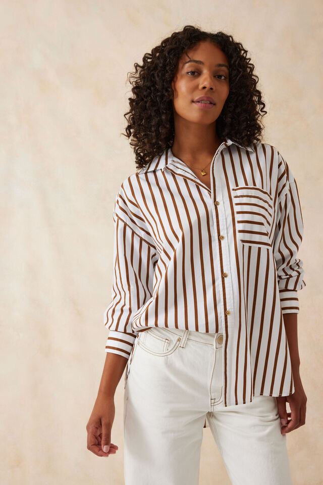 Oversized Poplin Shirt - Choc Stripe