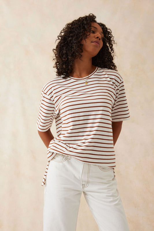 Longline Step Hem Tee - Choc Stripe