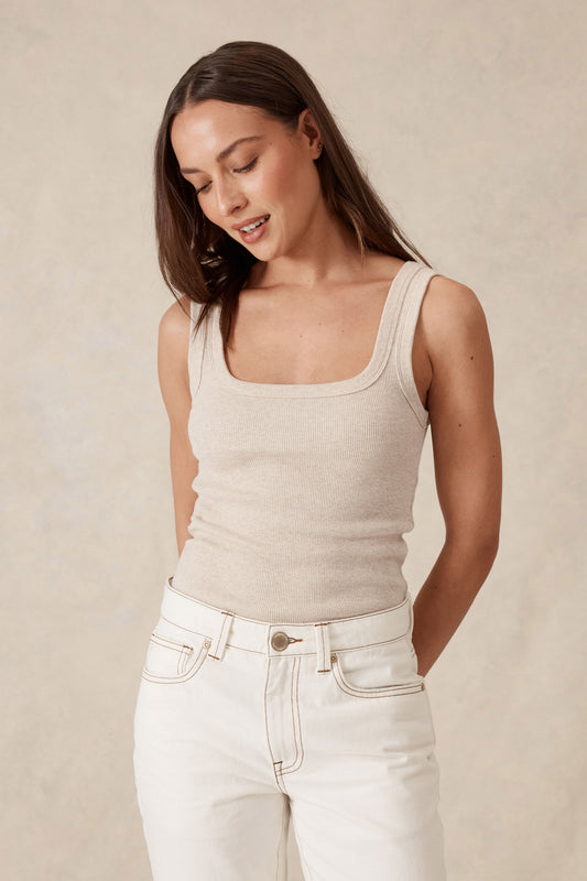 Organic Contour Rib Square Neck Tank- Oatmeal Marle