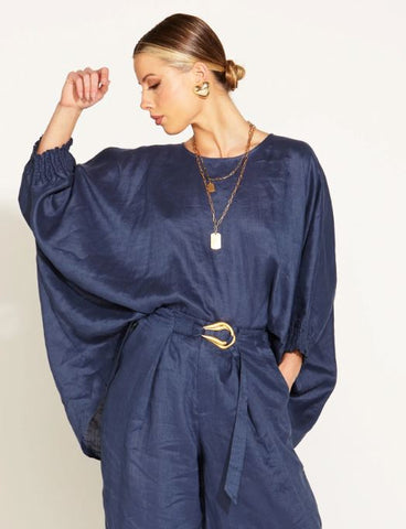 A Walk in the Park Linen Oversized Batwing Top Navy