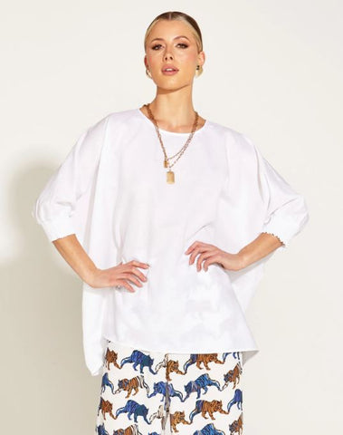A Walk in the Park Linen Oversized Batwing Top White